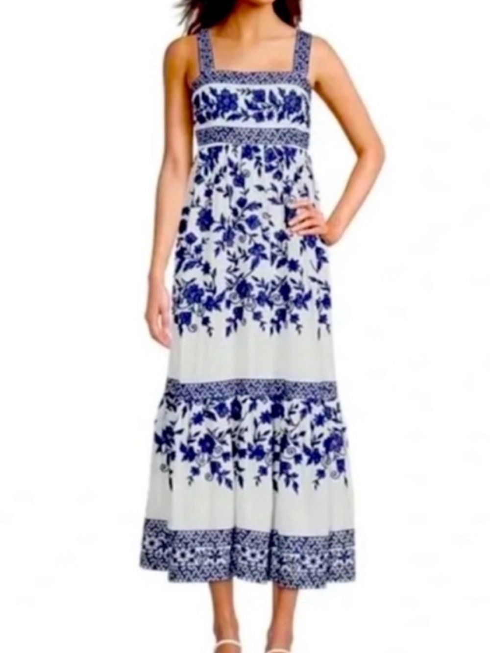ANTONIO MELANI Blue White Floral Embroidered Sun Dress Midi Maxi
